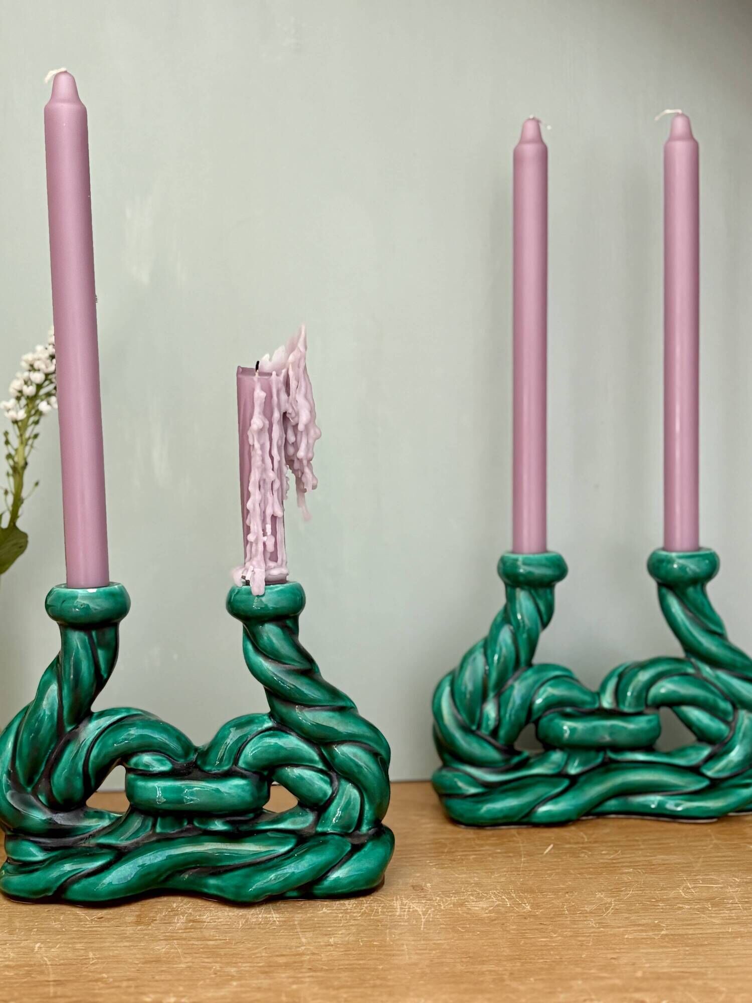Pair of vintage green ceramic candlesticks signed Hubert Pernin, Vallauris.