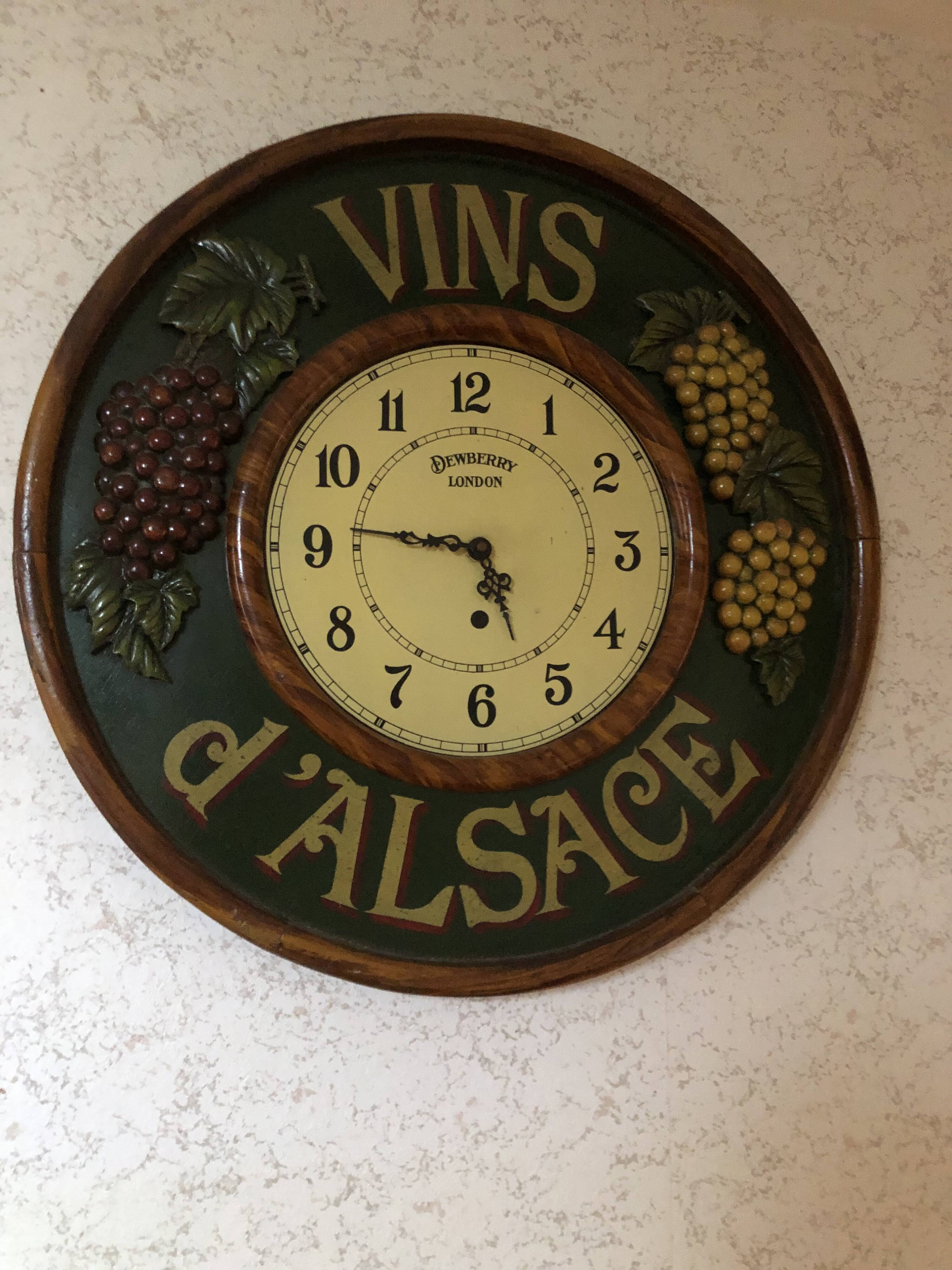 Antique advertising wall clock "vins d'alsace" in solid wood decorated