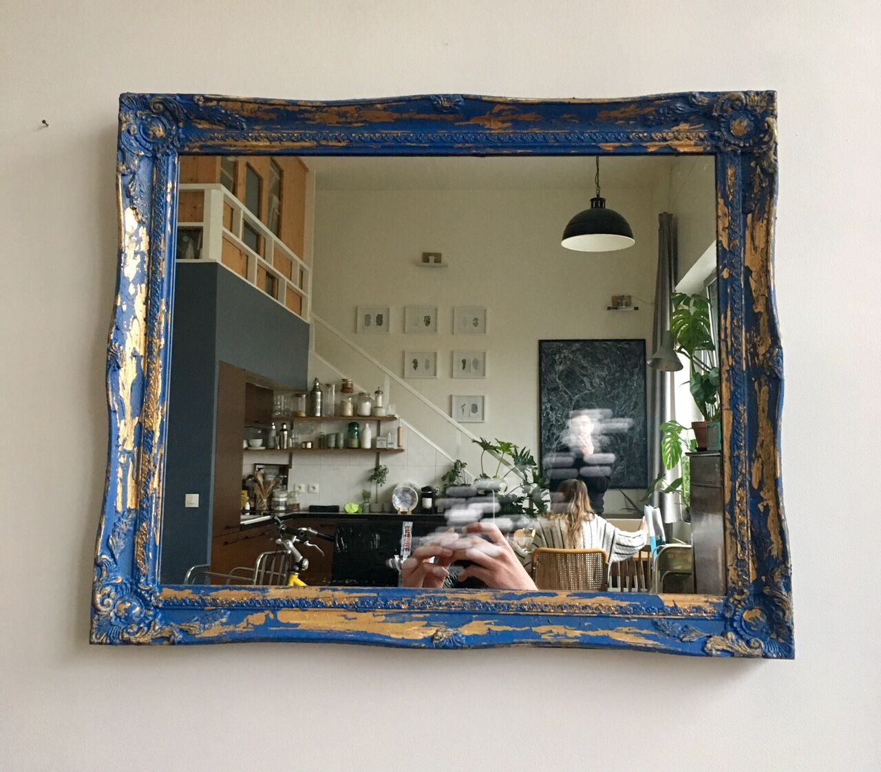 Antique mirror Louis Philippe style blue and gold patinated 58x48cm
