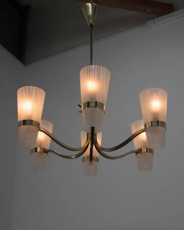 Brass and Glass Chandelier in Lyfa Style, Denmark, 1970s