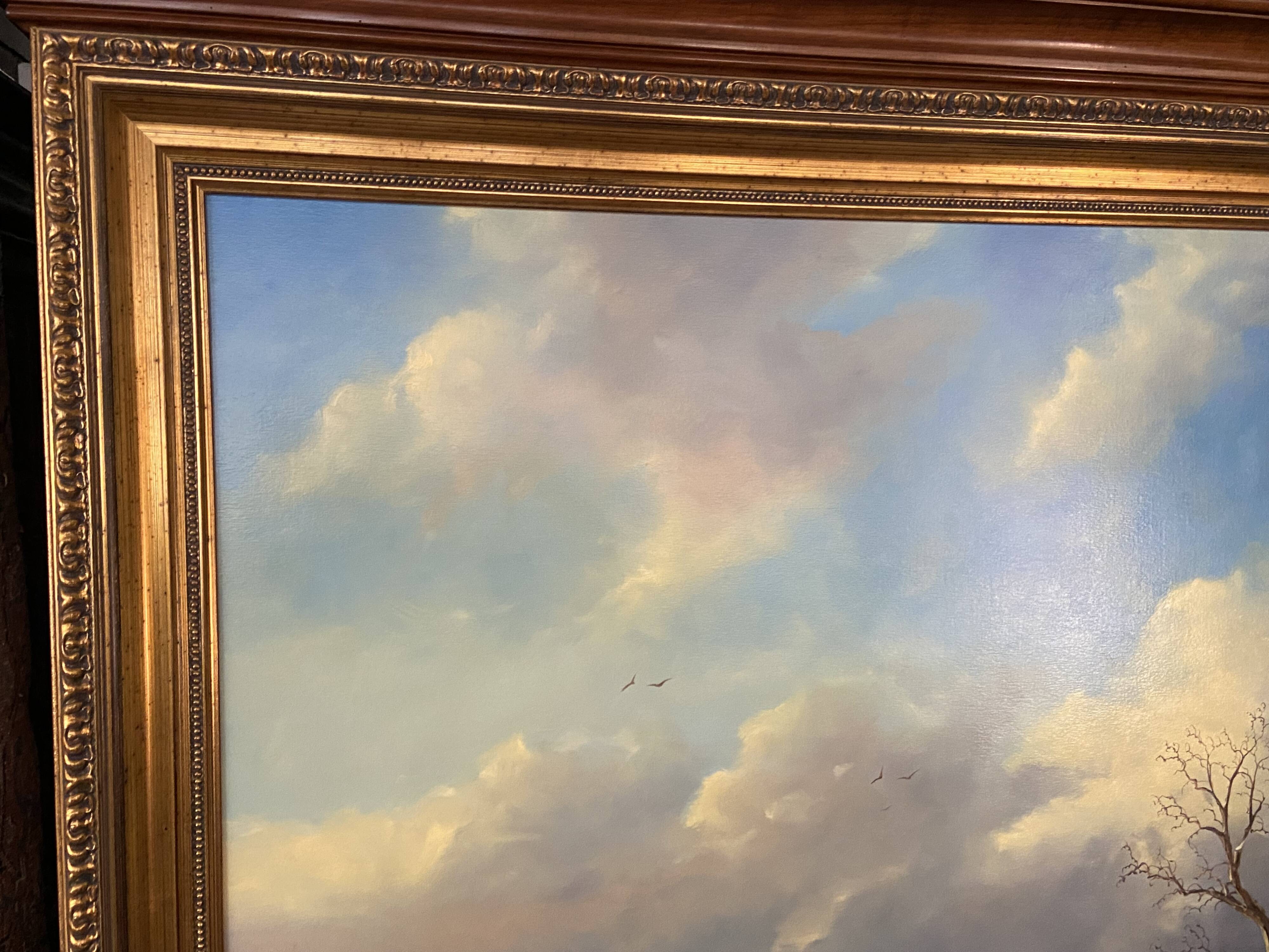 Huge oil painting on canvas Dutch school winter landscape 164x132