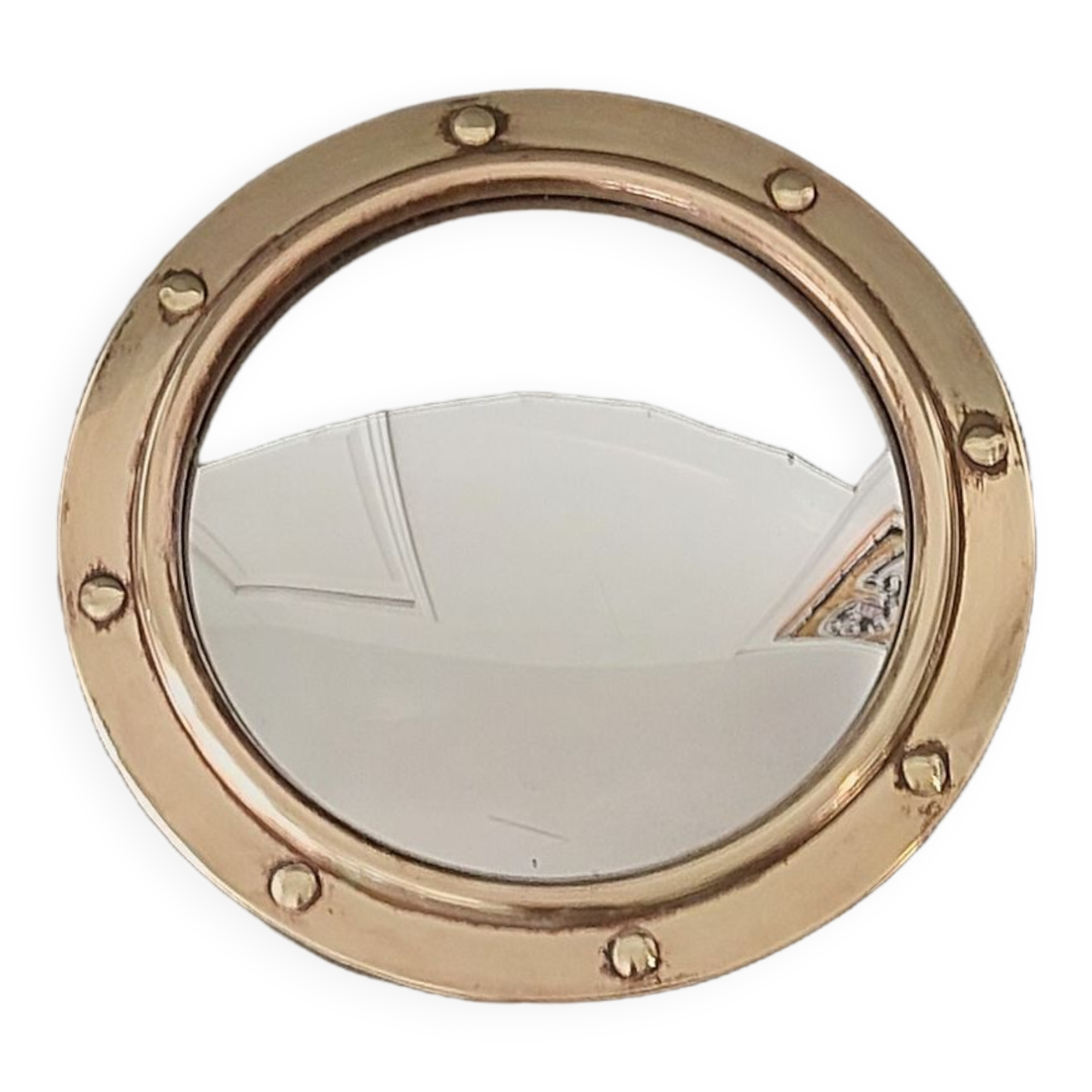 Witch porthole mirror 1940 in vintage gilded brass.