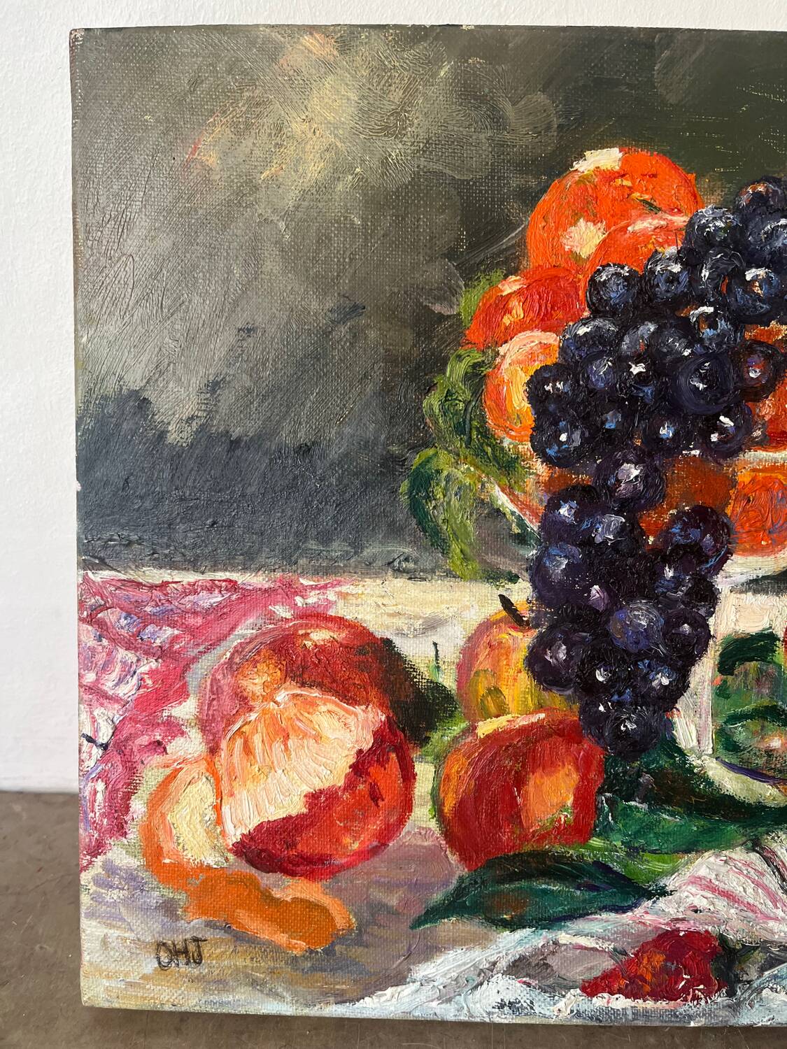 Still life with fruits and strawberries, oil on canvas signed Odile Julien.