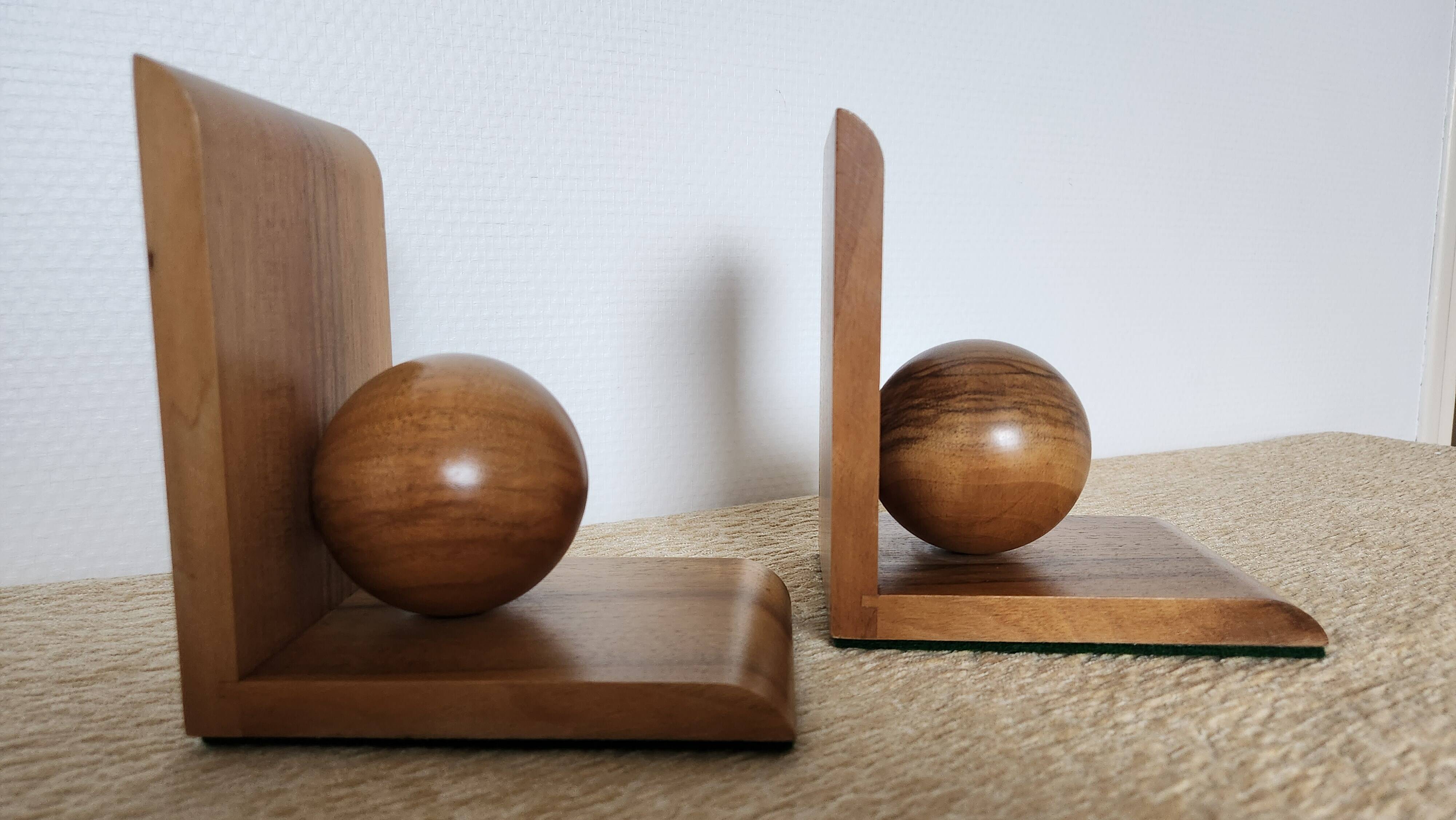 Pair of solid wood bookends with turned spheres – Minimalist design