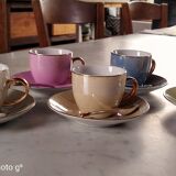 6 mocha coffee cups with saucers and spoons, colorful, golden handle, from the 60s