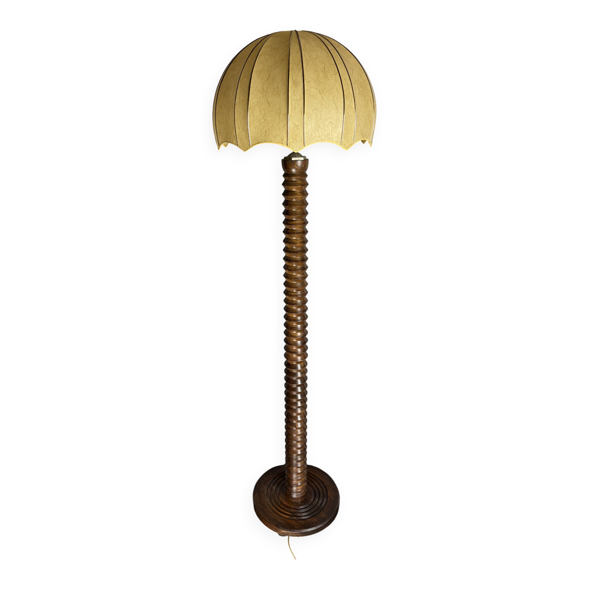 Brutalist midcentury wood turned cocoon floor lamp