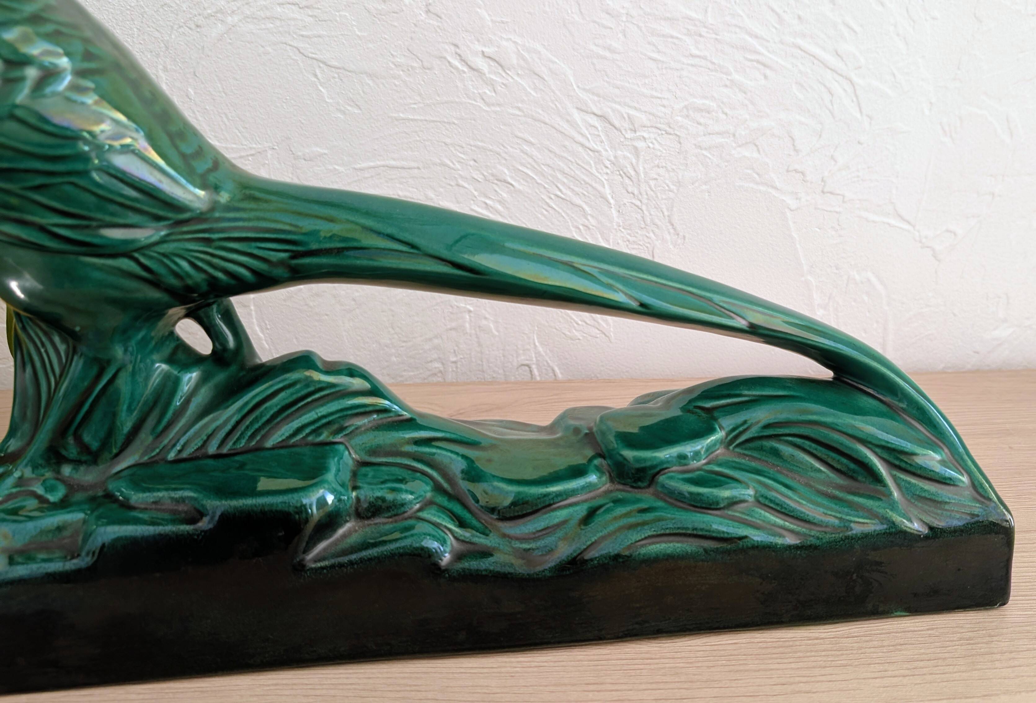 Grand Faisan en céramique émaillée vert émeraude Art Déco – 43 cm