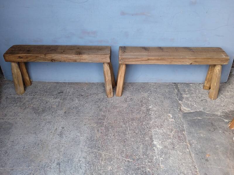 Pair of 2 patinated solid wood benches / stools