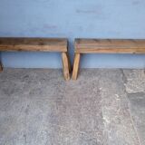 Pair of 2 patinated solid wood benches / stools