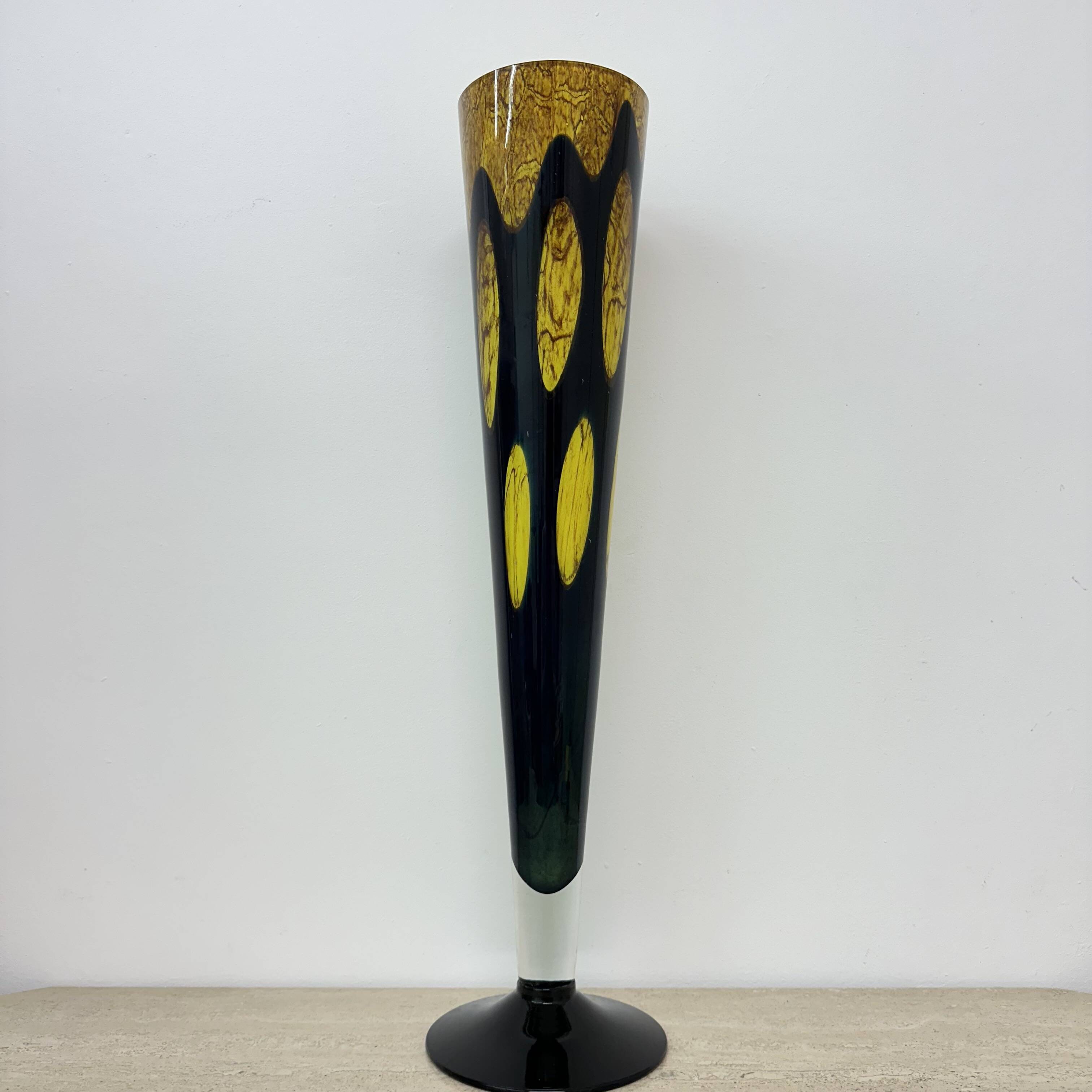 Large glass vase yellow and black , 1970s