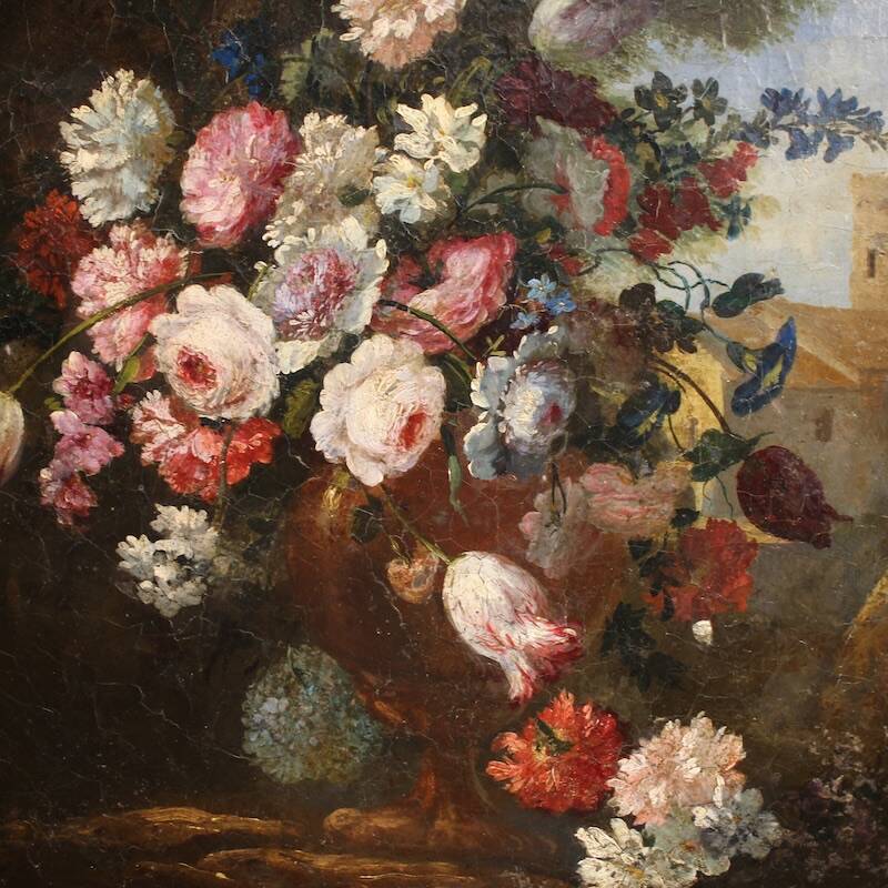 Peinture de nature morte ovale italienne antique du XVIIIe siècle