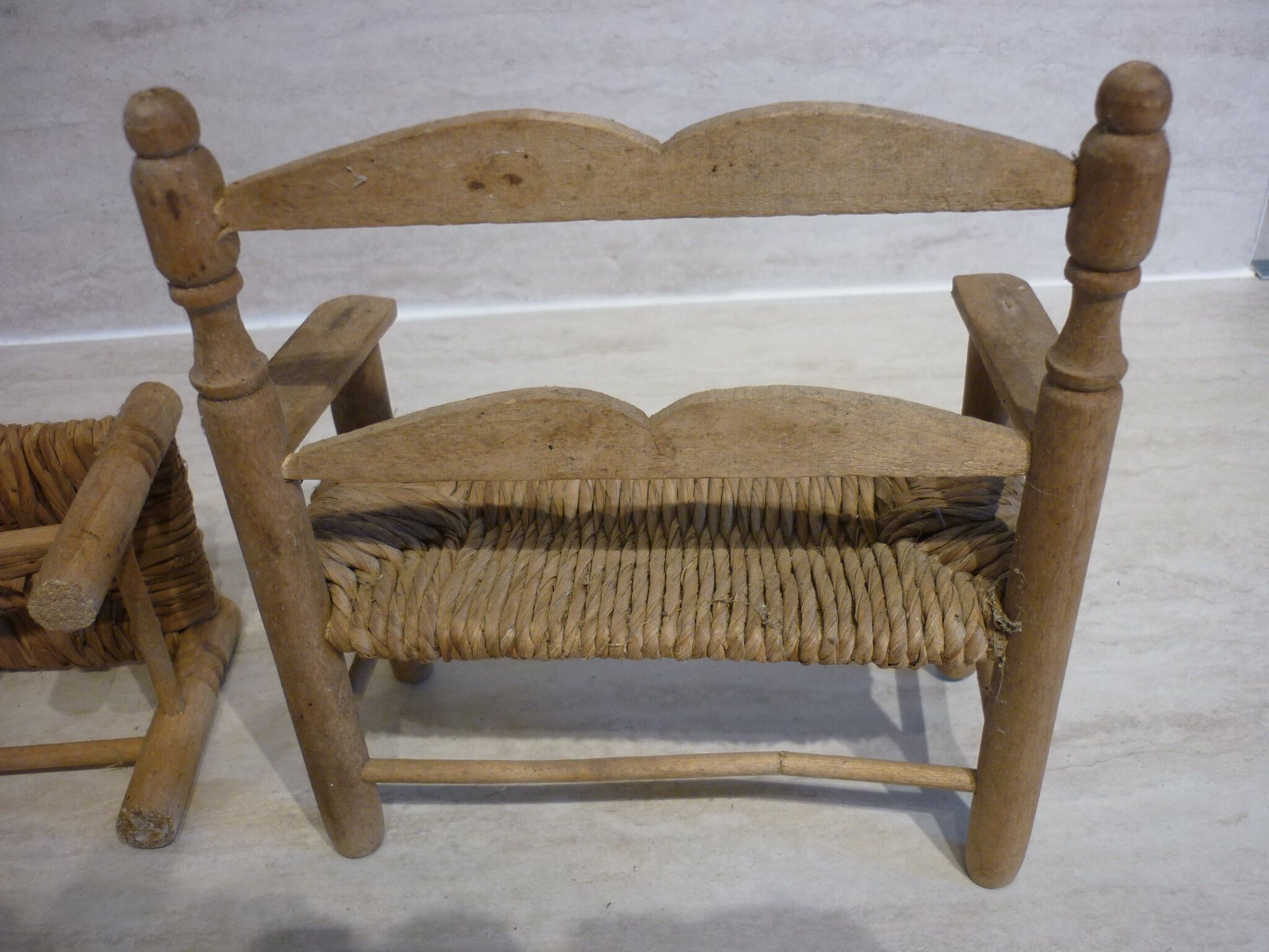 Wooden bench and stool and straw for doll