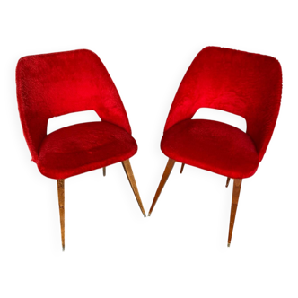 Achille Decommere Chair Pair Red Fur + Vintage Wooden Compass Legs