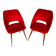Paire de chaises Achille Decommere en fausse fourrure rouge et pieds compas en bois