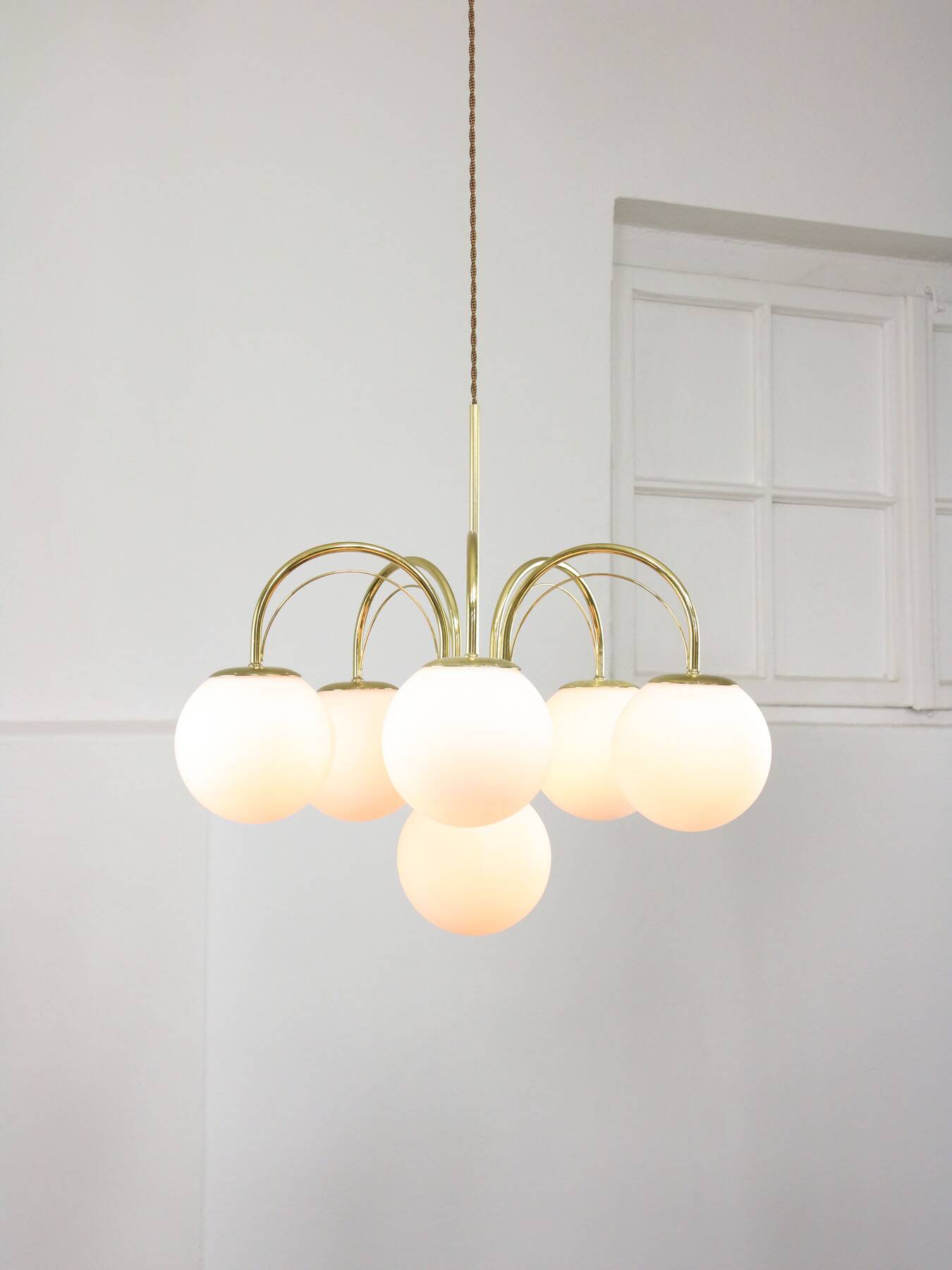 Vintage Golden & Opaline Glass 5-Arm Chandelier, 70s
