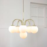 Vintage Golden & Opaline Glass 5-Arm Chandelier, 70s