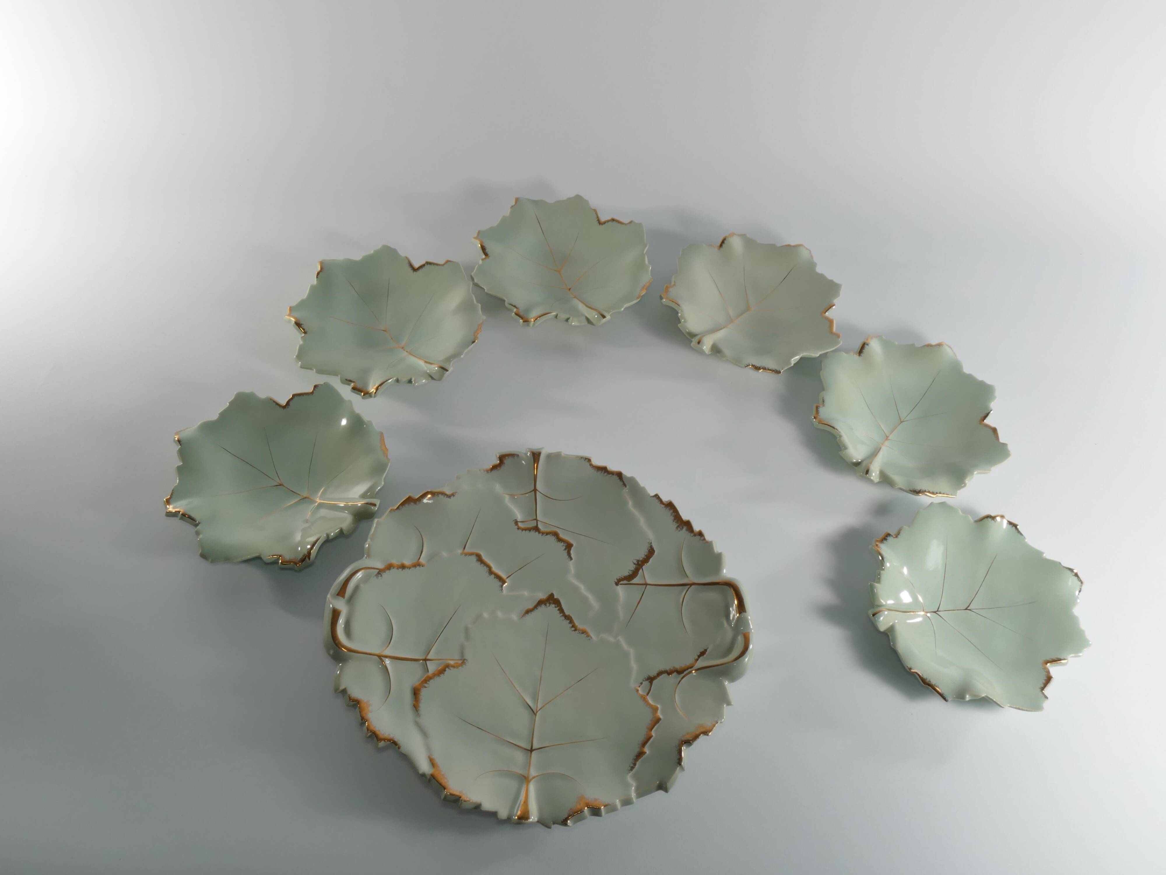 Art Deco Pistachio and Gold Leaf Plates Viloca Paris Caffarelli