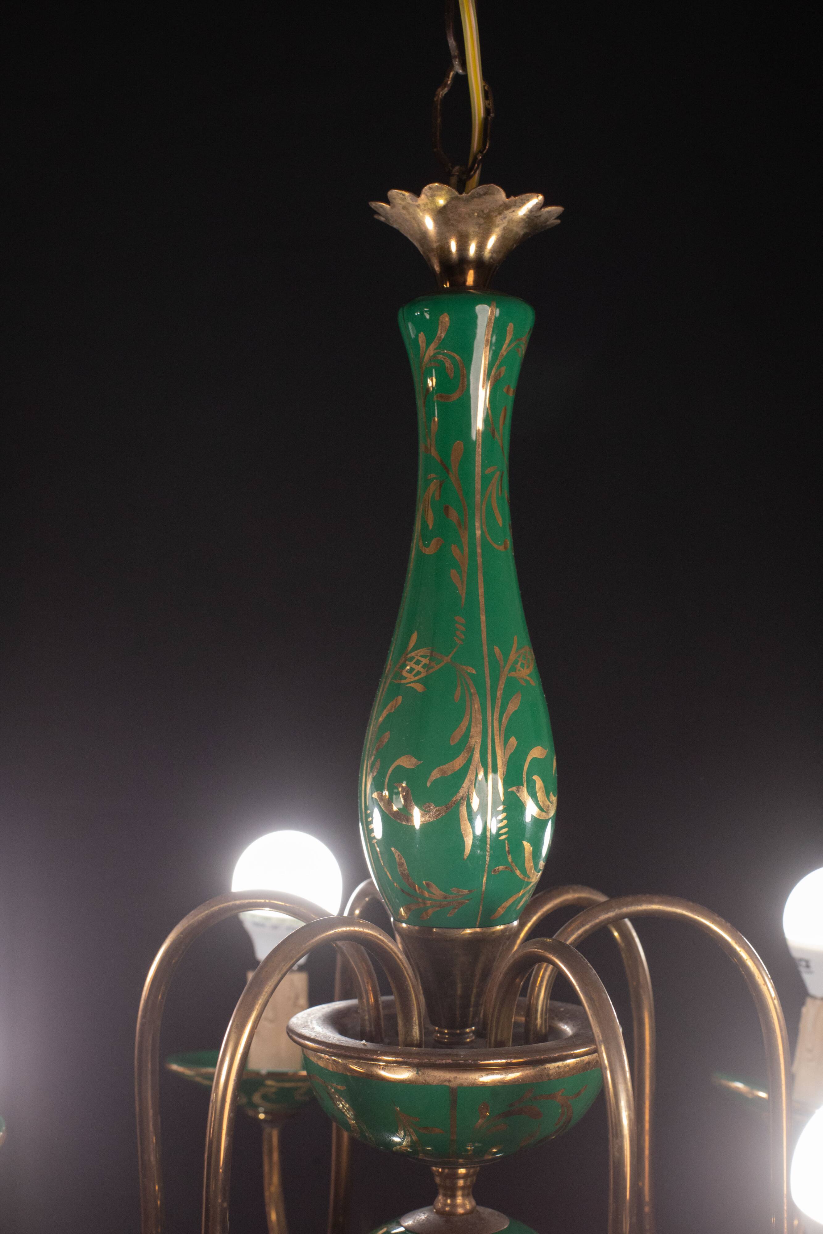 Art Deco Brass and Painted Terracotta Chandelier, 1950s