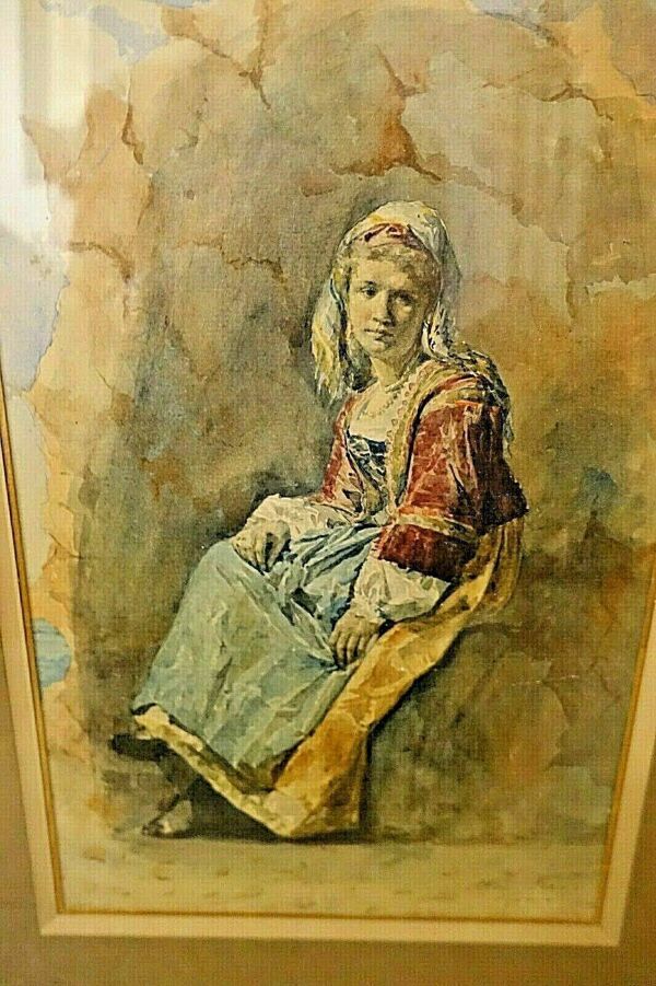 Aquarelle ''jeune femme'' par Franz Ettore Roesler, Italie XIXème