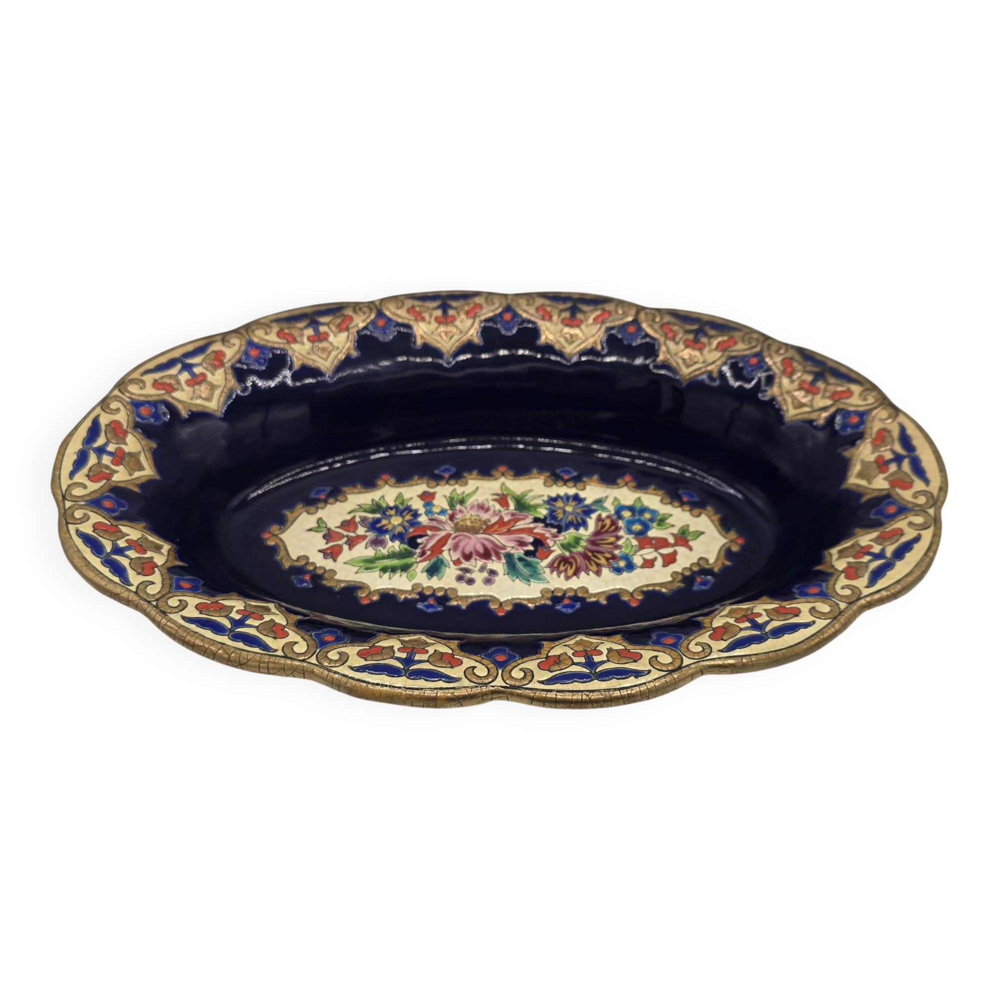 Oval dish in glazed earthenware by M. P. Chevallier, Manufacture des Émaux