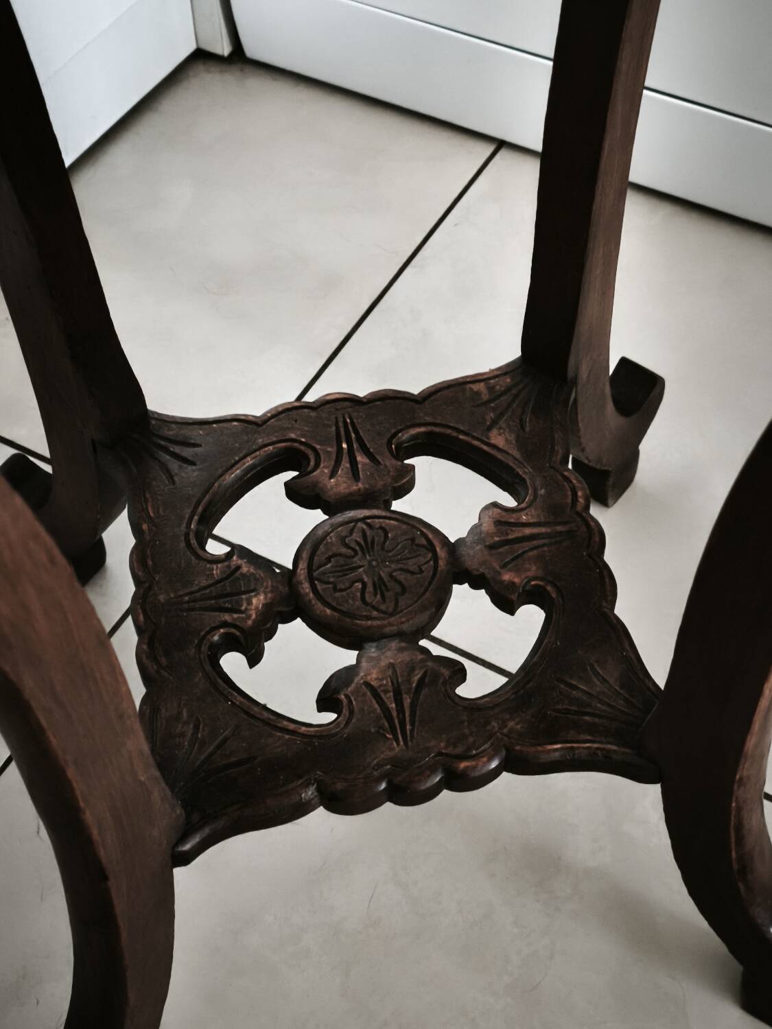 Antique Indochinese style pedestal - carved wood and marble