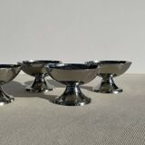 Set of 4 metal glasses / vintage stainless steel ice cream cups on a stand.