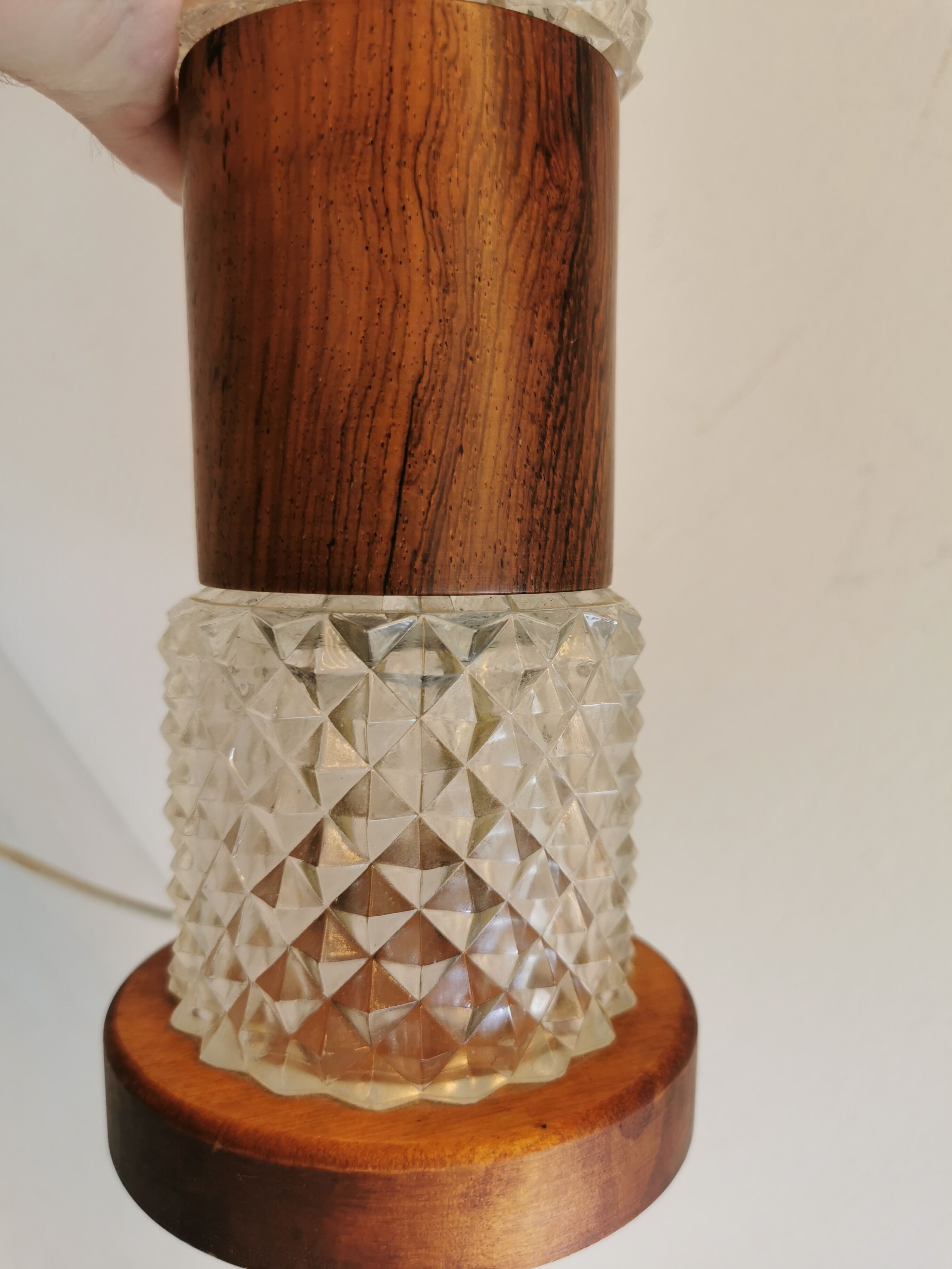 Swedish table lamp, made of what looks like rosewood and crystal glass.
