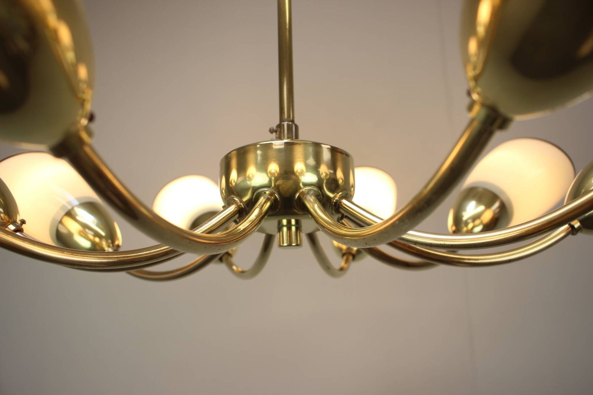 Brass and glass ten-arm chandelier from the mid-century, 1960s.