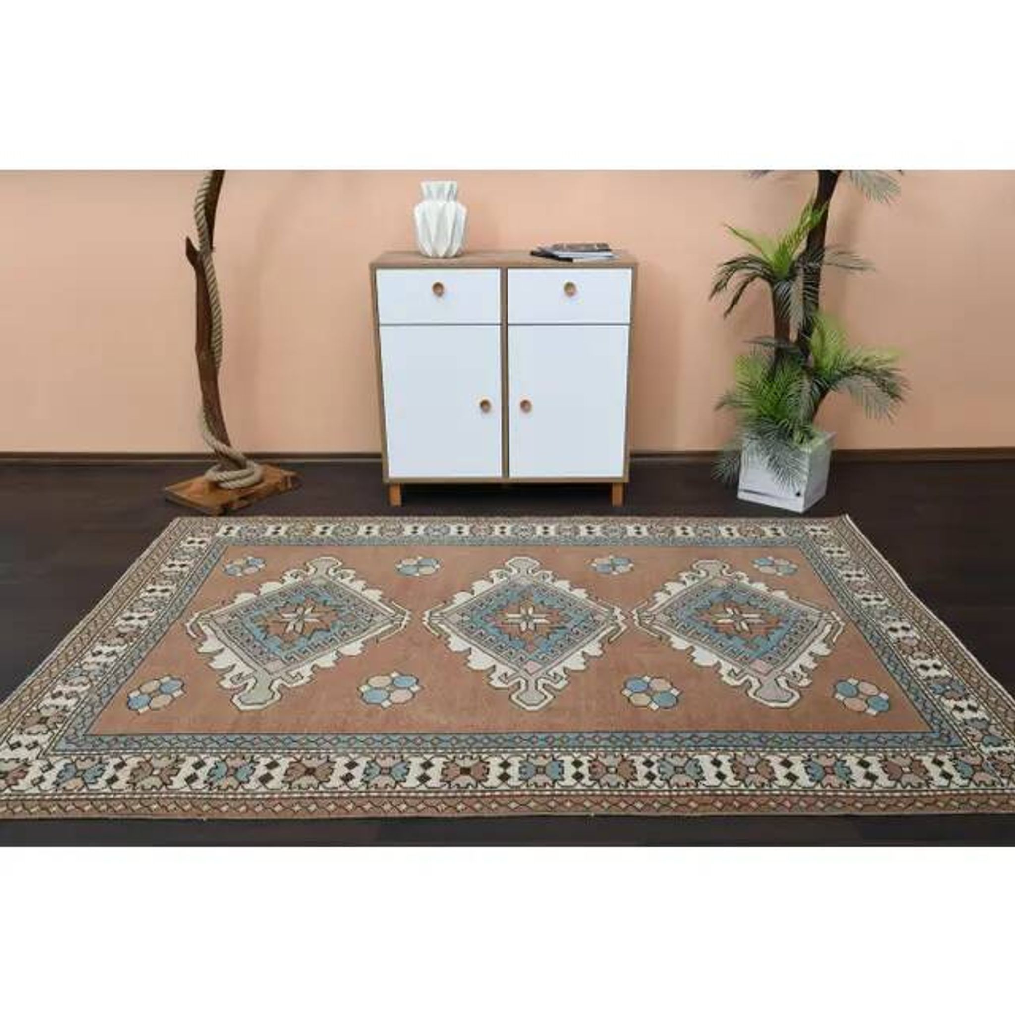 1970s Vintage Turkish Oushak Handmade Wool Cotton Brown Area Rug 160x254