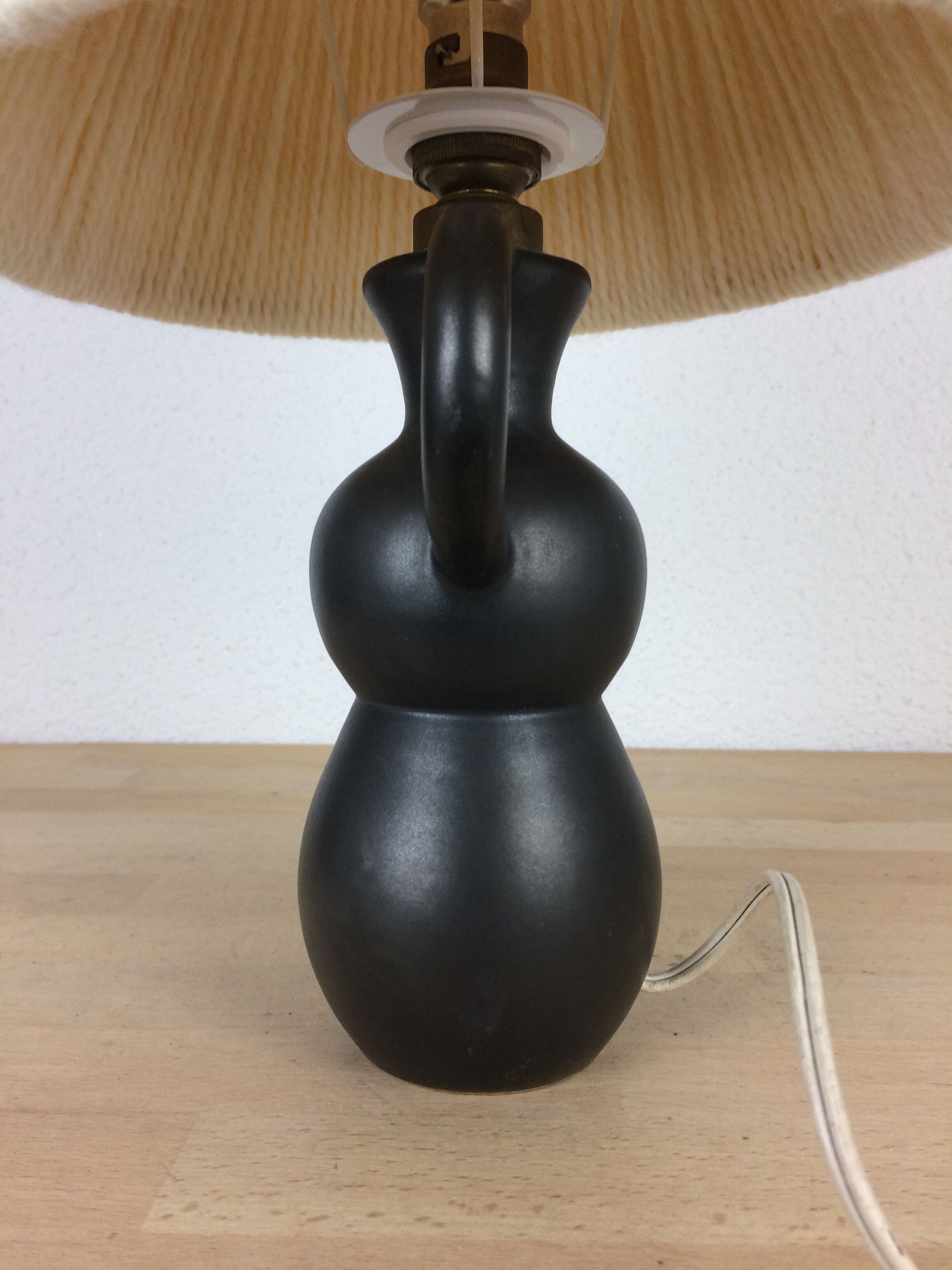 Black ceramic lamp Henri Chatard, 50s, wool lampshade