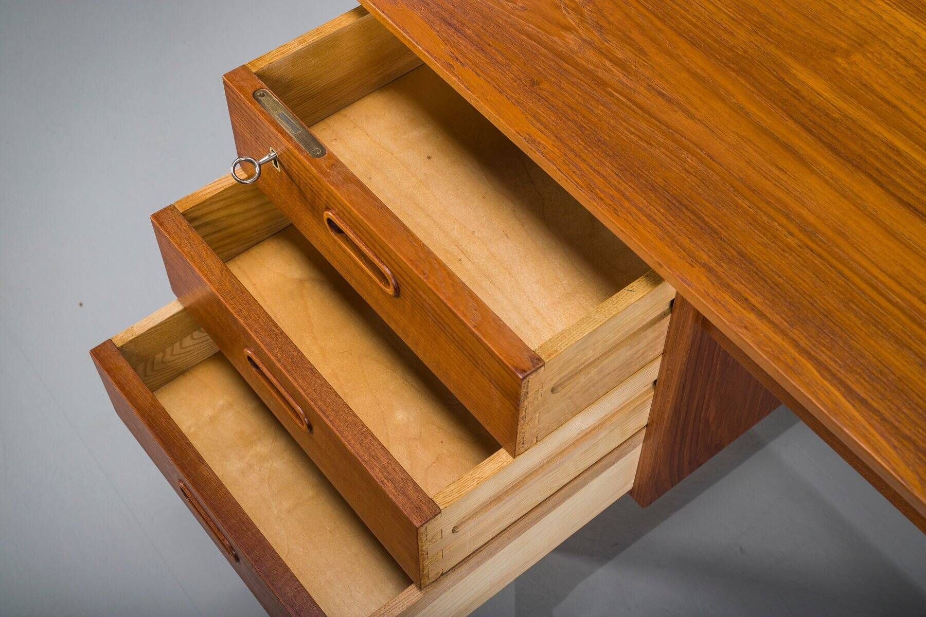 Mid-century Danish freestanding teak desk with raised lip edge, 1960s