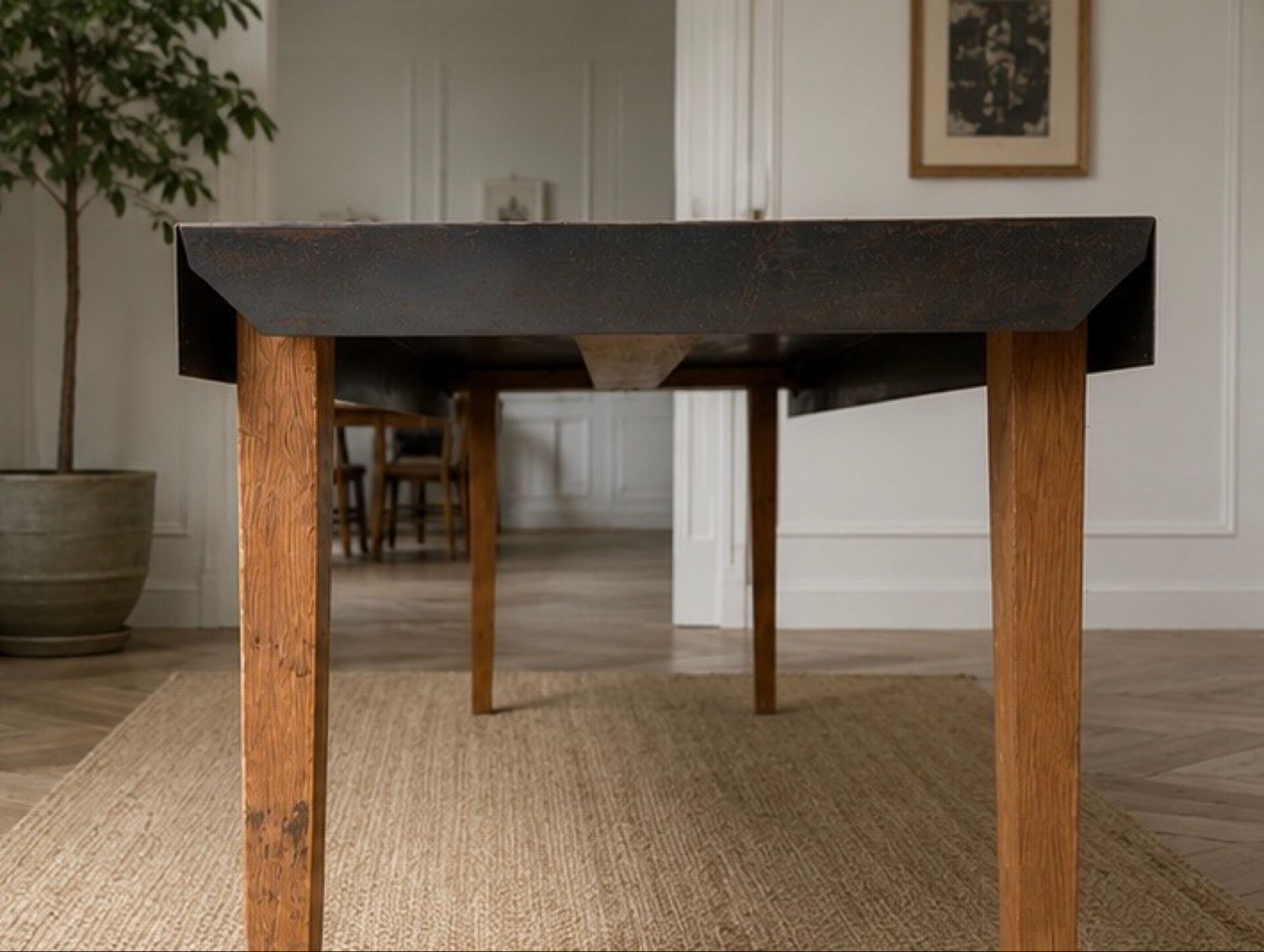 Grande table industrielle années 50 acier et bois 200cm