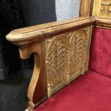Monumental Gothic style bench in solid oak and patinated plaster circa 1800 / length 282 cm