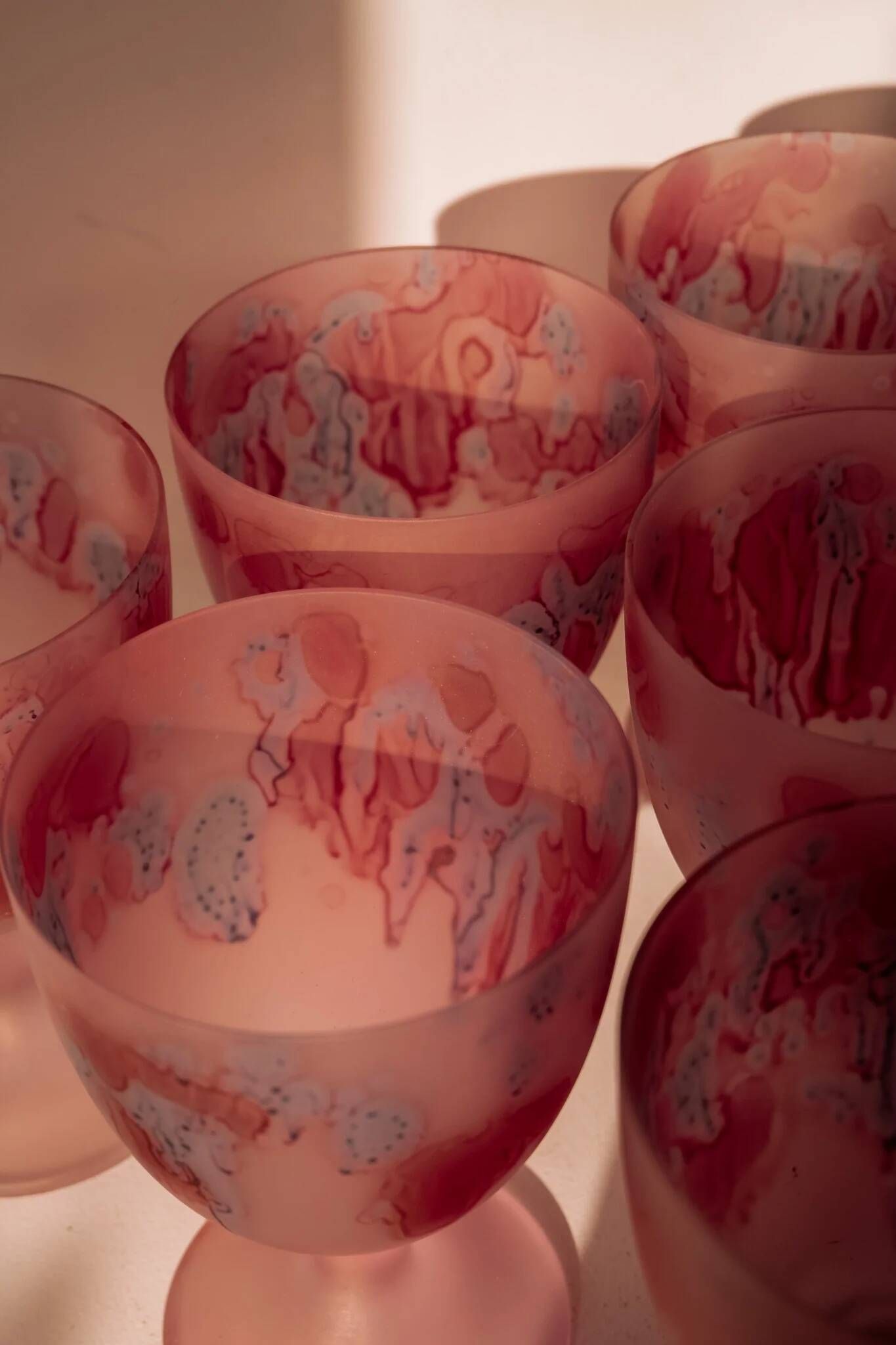 Frosted pink wine glasses hand-painted, set of 6