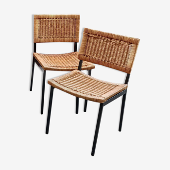 Pair of minimalist metal and rattan chairs