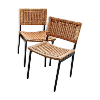 Paire de chaises minimalistes métal et rotin