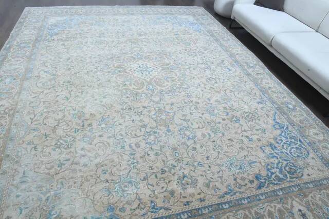 1970s Vintage Persian Handmade Wool Cotton Beige Area Rug 292x396