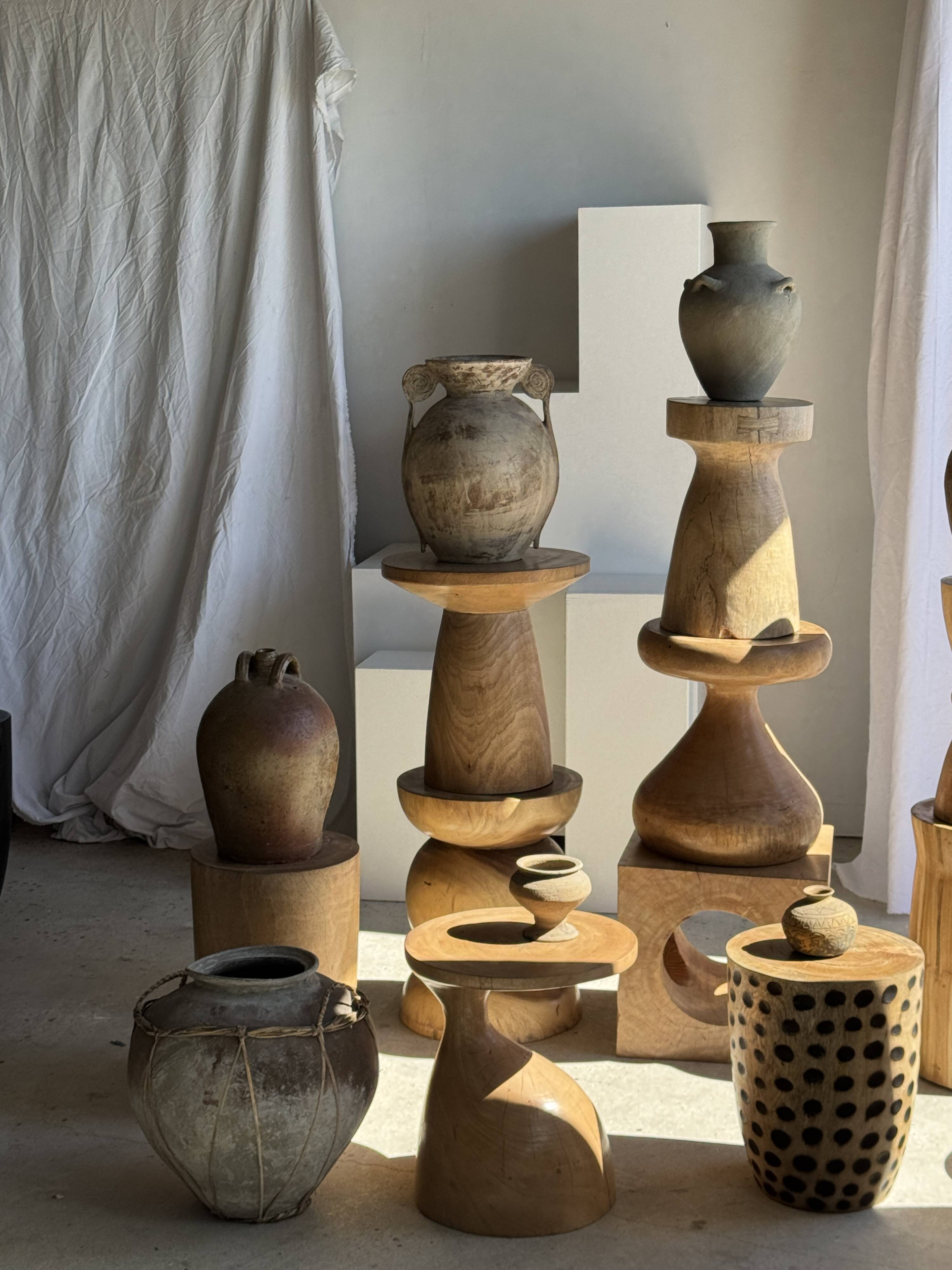 Stool, side table, cylindrical solid mango wood end table.