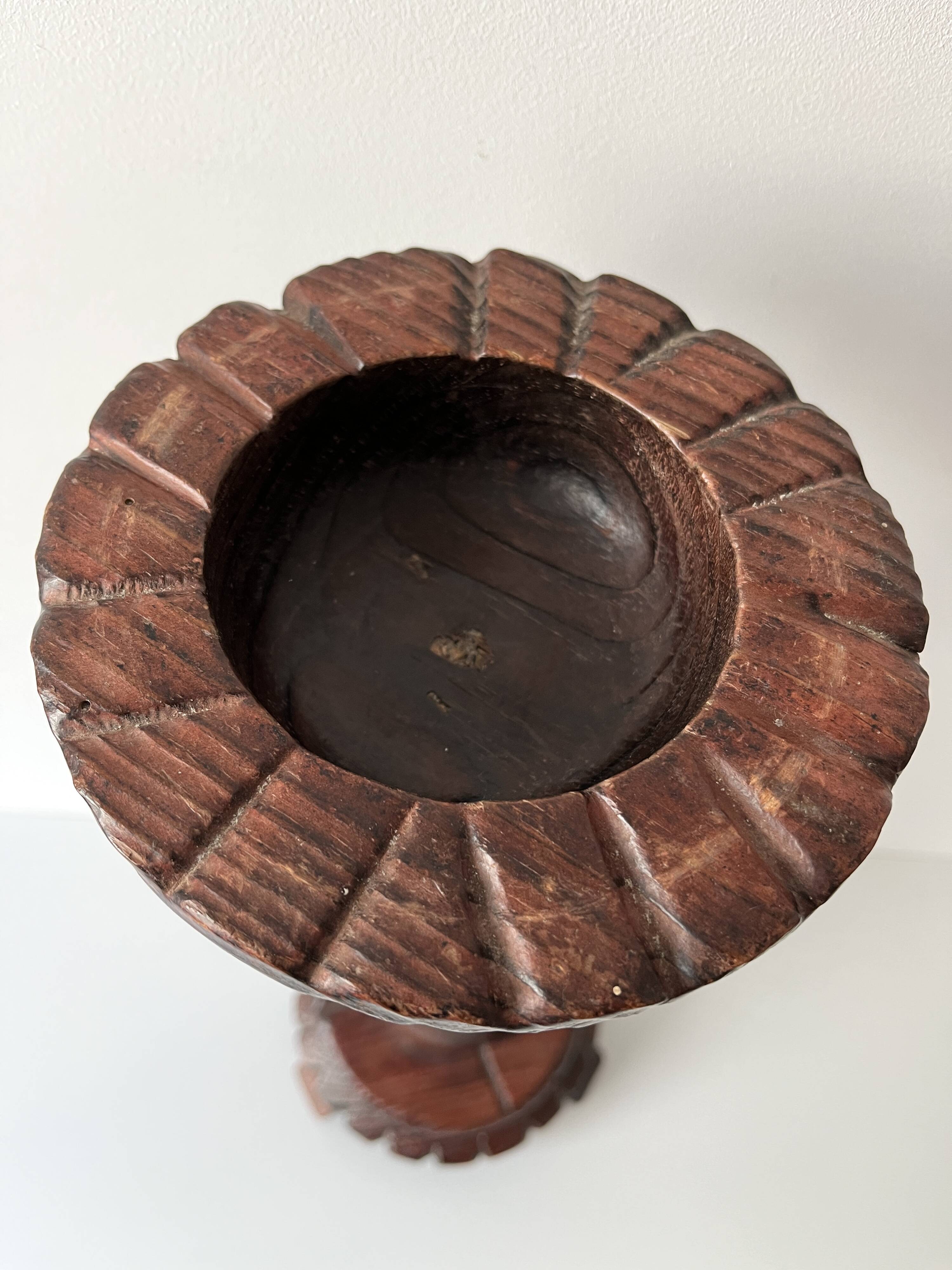 50s turned wooden pedestal ashtray, vintage rustic ashtray