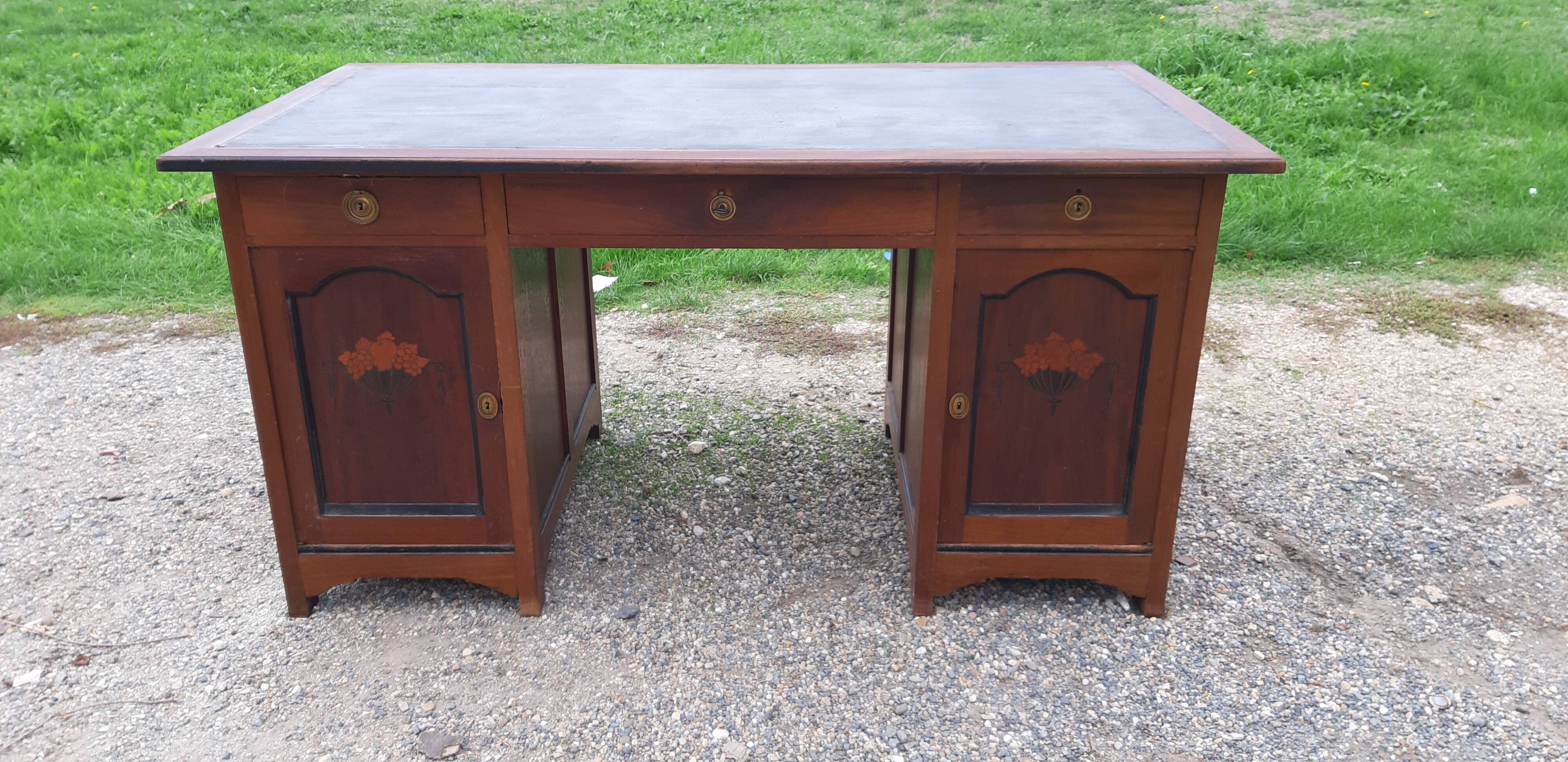Fruit wood, leather and brass desk