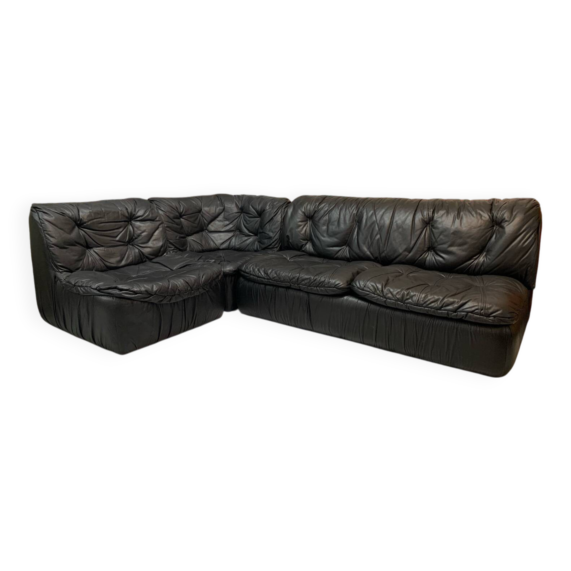 Vintage Black Leather Sofa Design Circa 1980