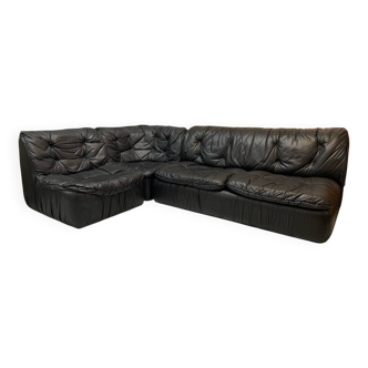 Vintage Black Leather Sofa Design Circa 1980