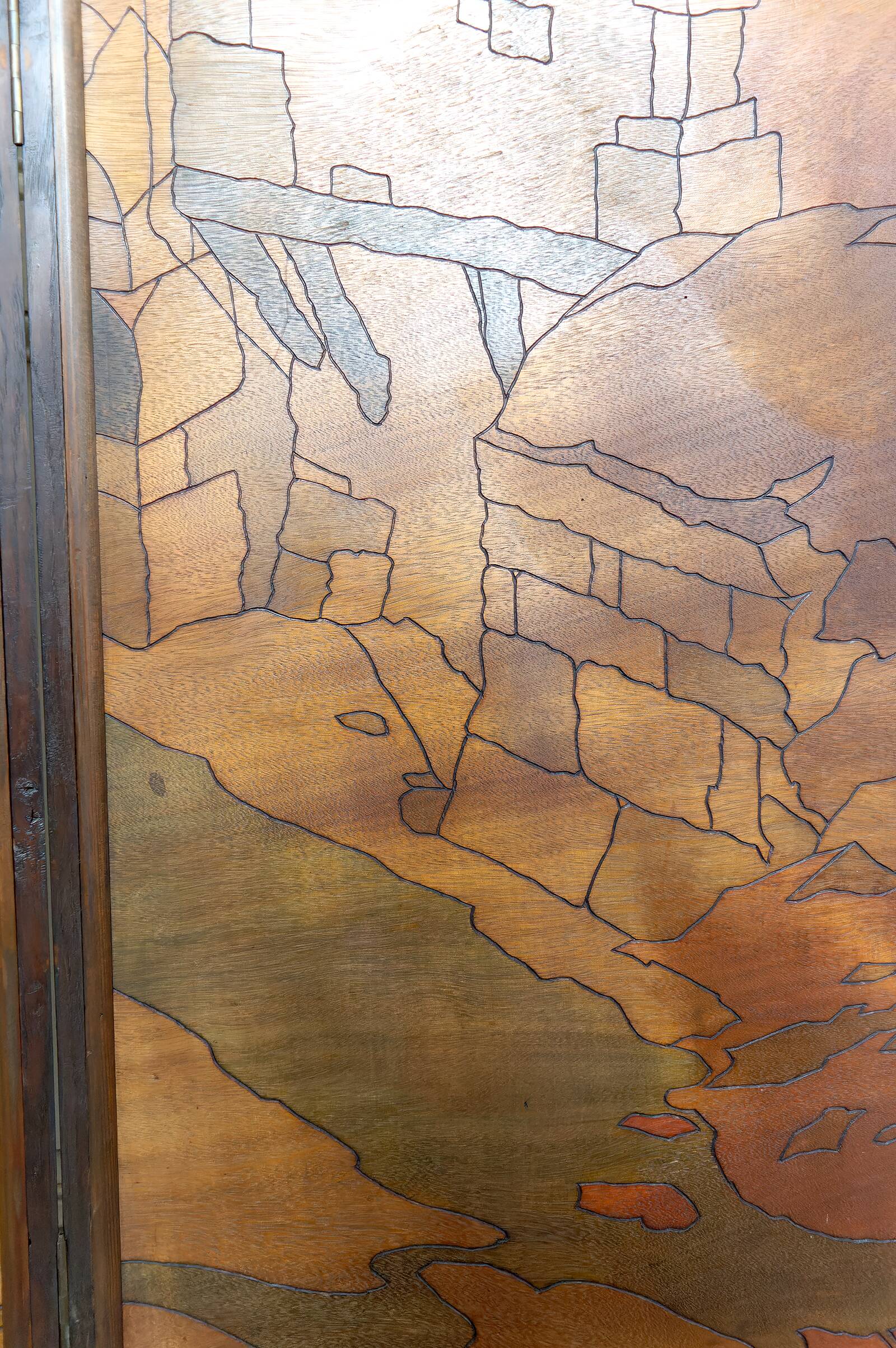 Pyrographed Screen, Mediterranean Medieval Town, Art Nouveau/Deco, 1930