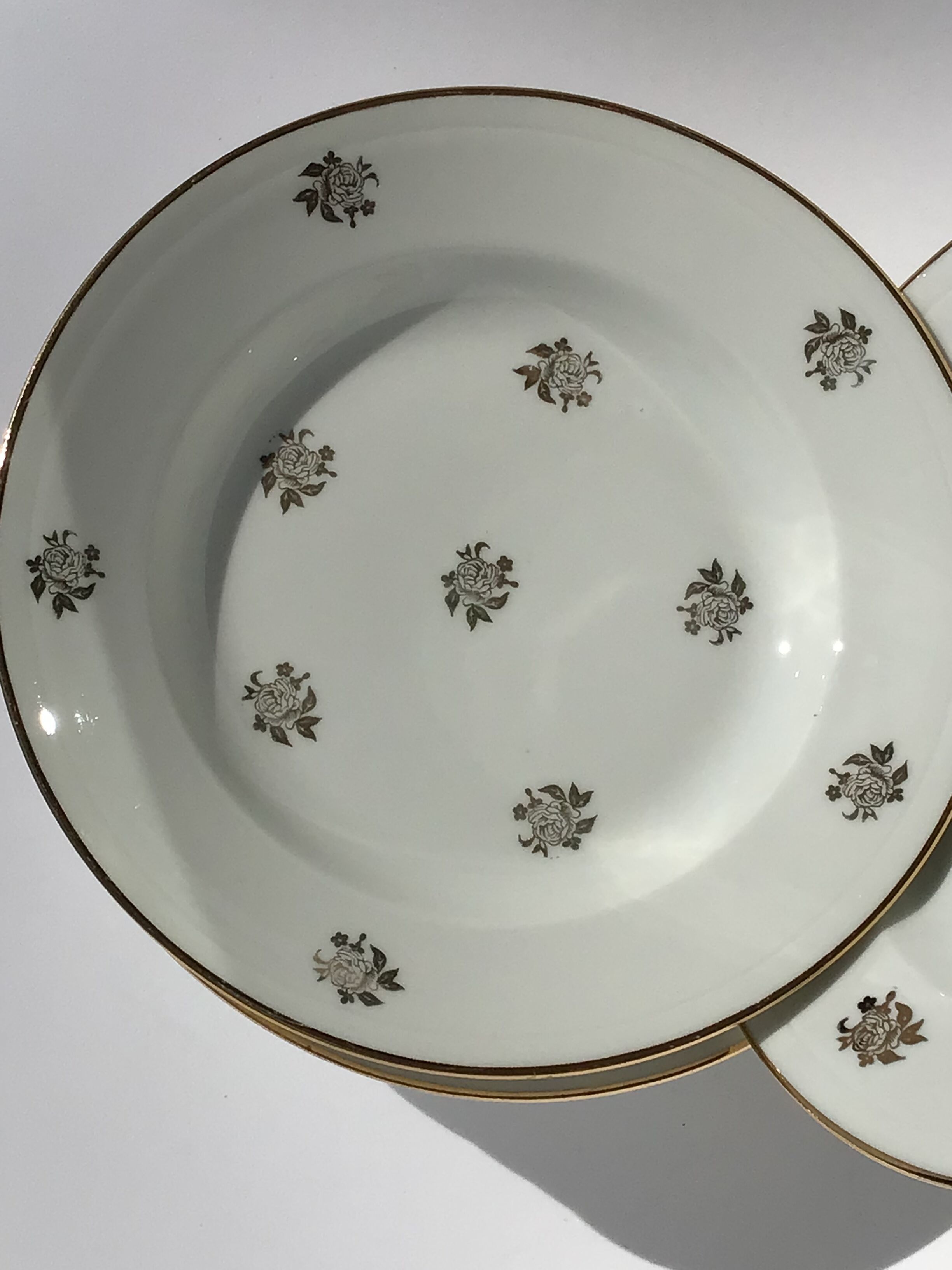 6 assiettes creuses porcelaine ivoire décor or roses
