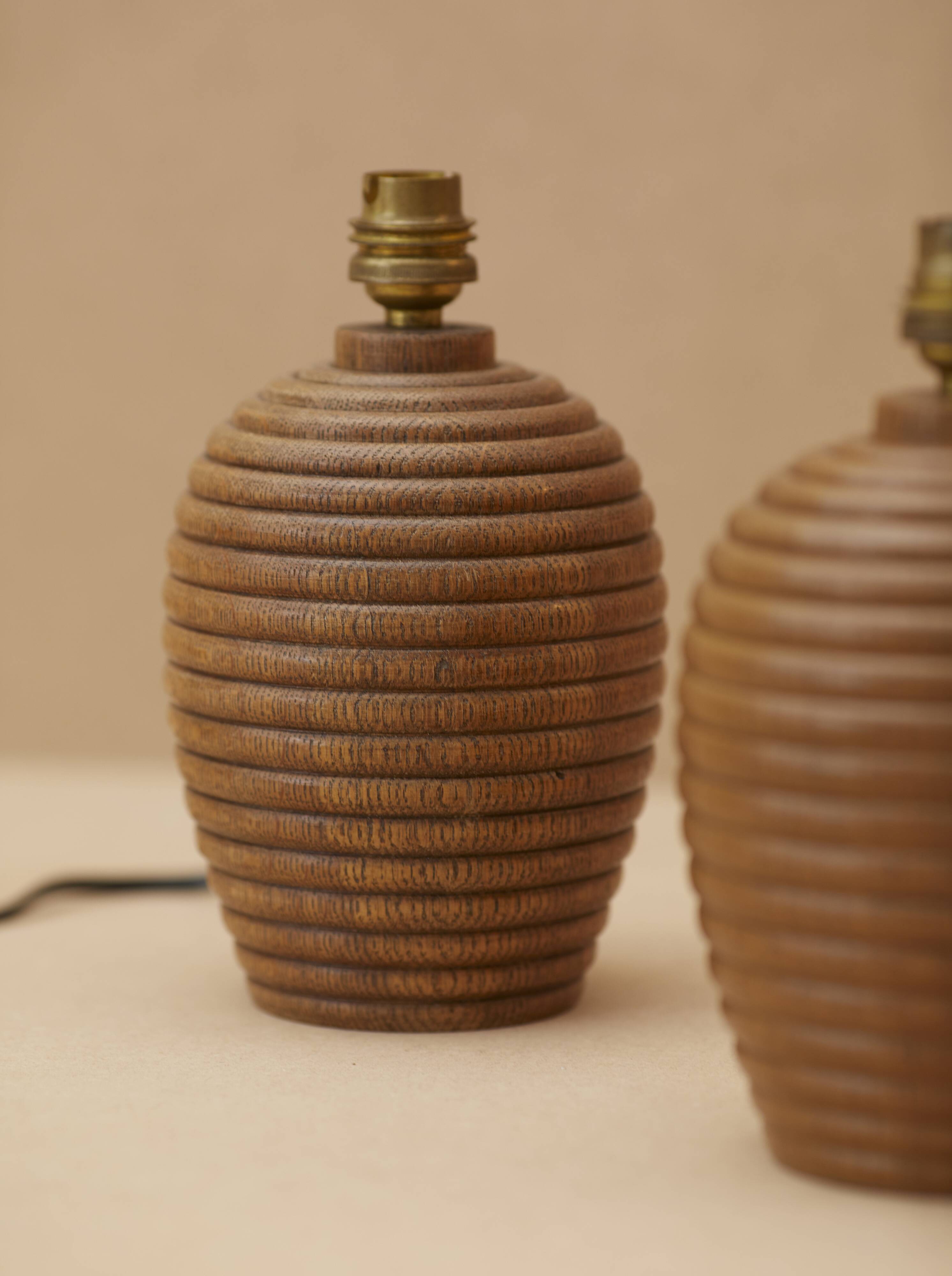 Pair of solid wood lamp bases (oak) turned vintage circa 1960