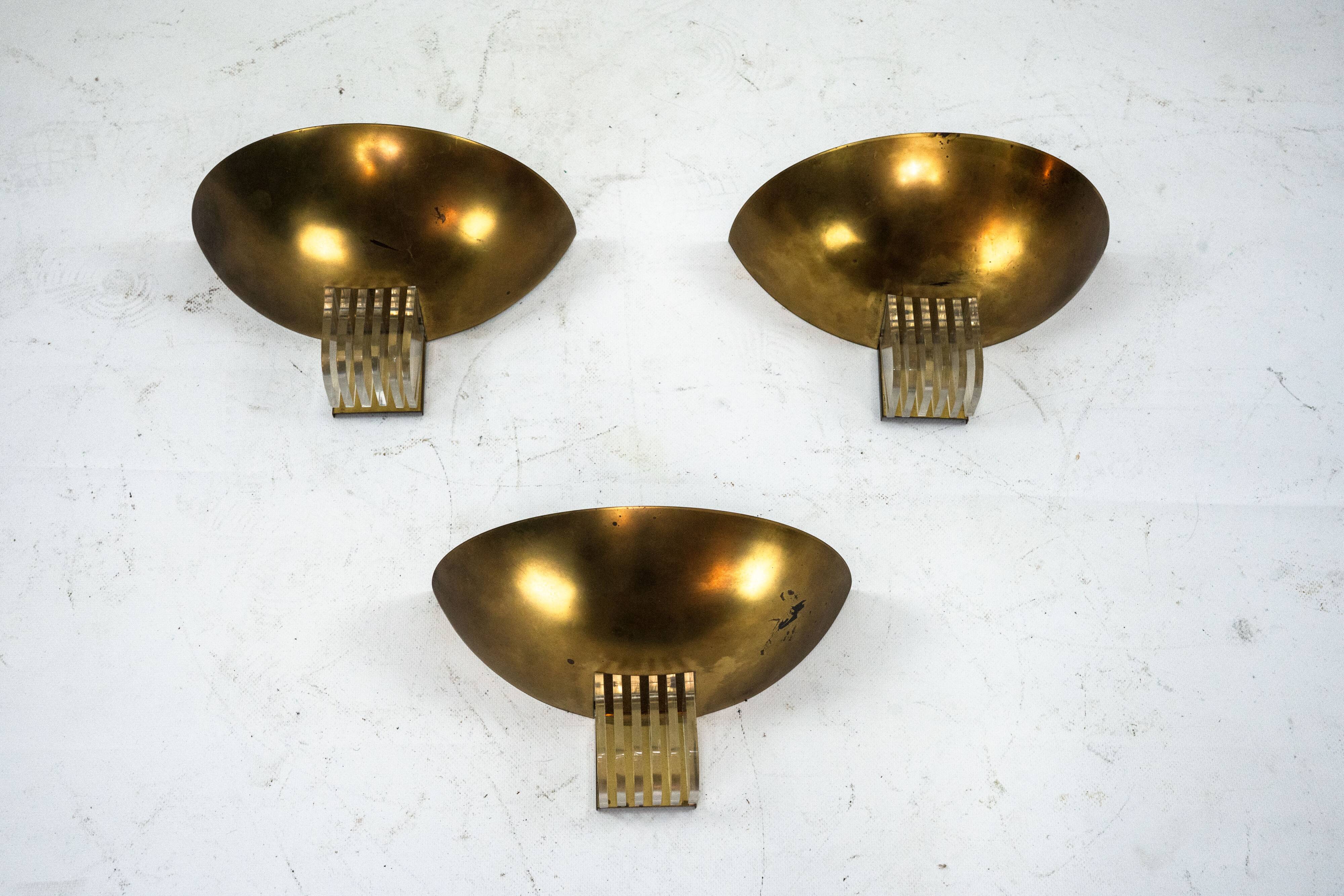 Set of three Italian Deco-style brass wall sconces, Italy 1970s