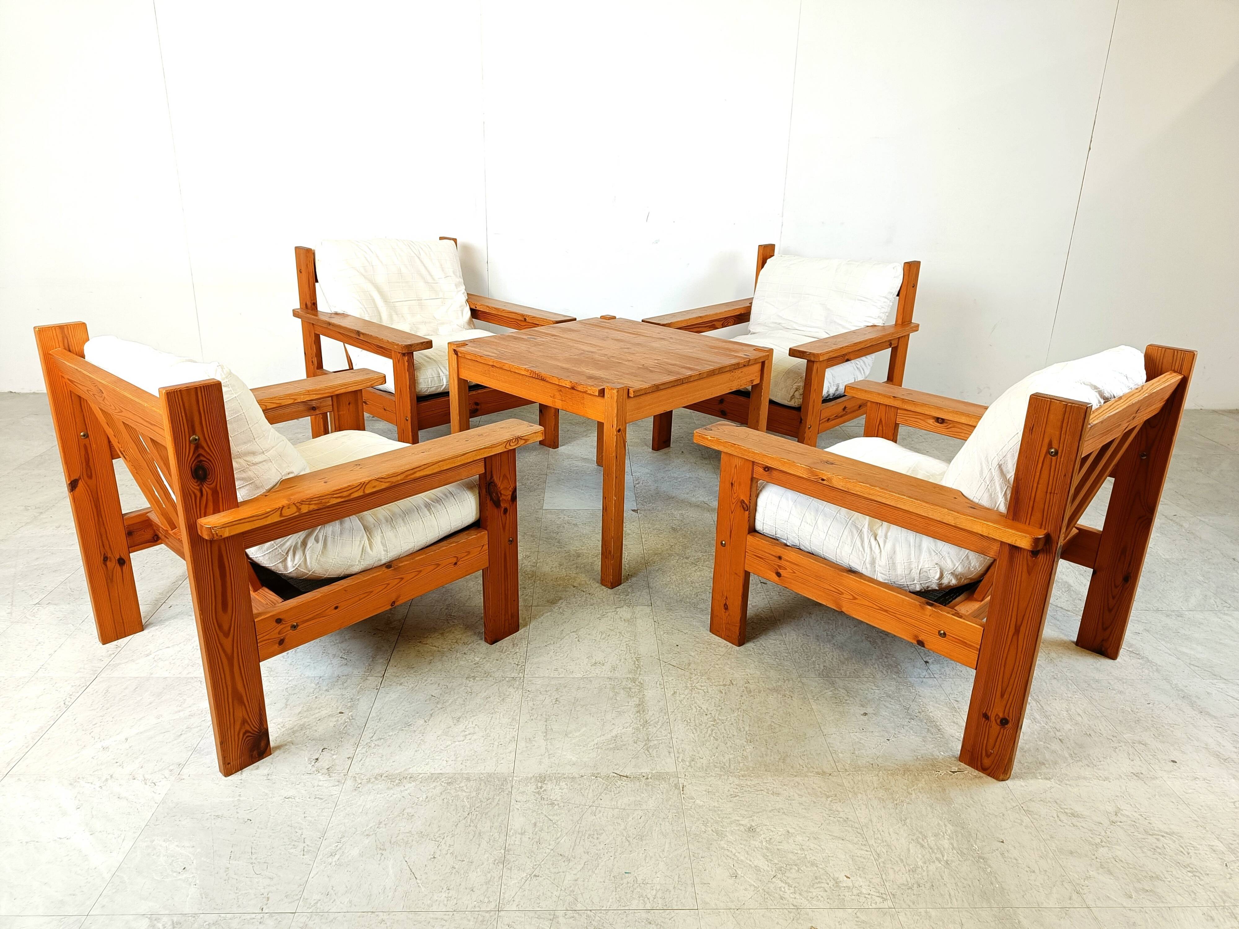 Vintage pine wood armchair set, 1980s