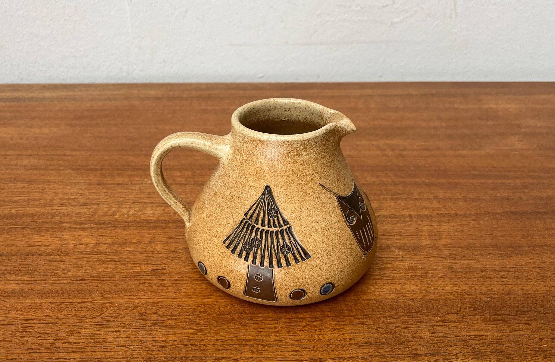 Mid-century German ceramic studio pitcher with owl motif by Heinz Theo Dietz, 1960s.