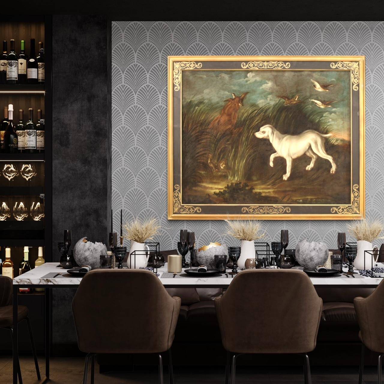 Peinture antique française paysage avec chien