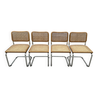 4 chaises en métal, bois et cannage style Cesca